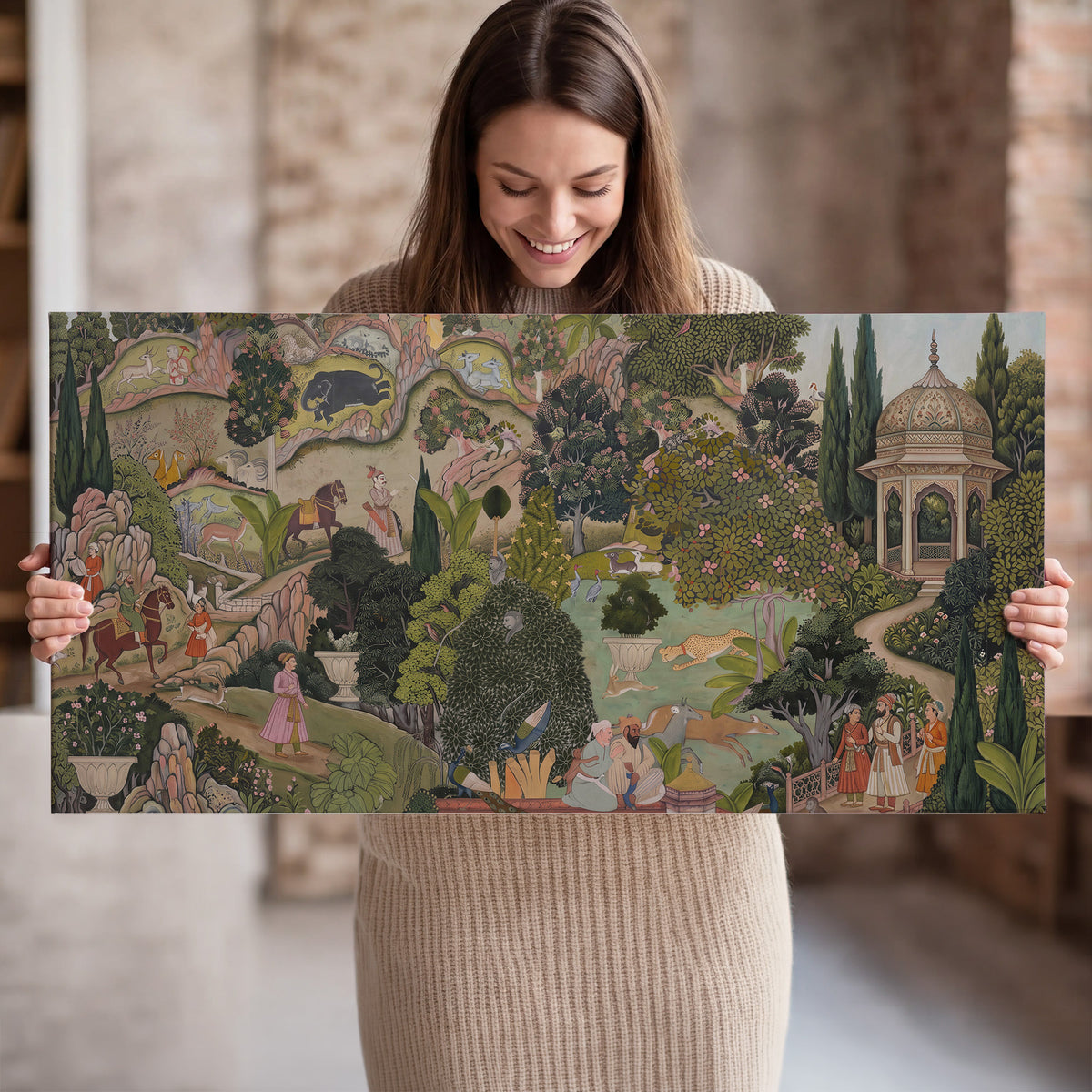Ornamental garden scene with pavilions, people and animals single canvas wall art held in hands