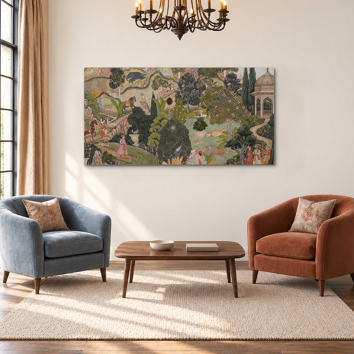 Ornamental garden scene with pavilions, people and animals single canvas wall art styled in an interior