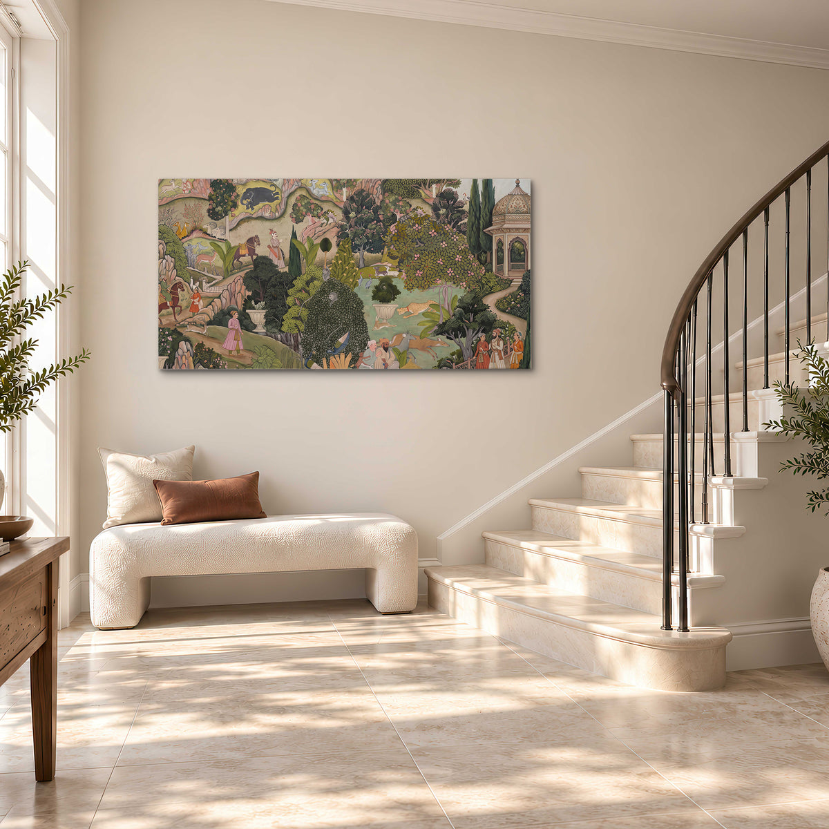 Ornamental garden scene with pavilions, people and animals single canvas wall art styled in an interior