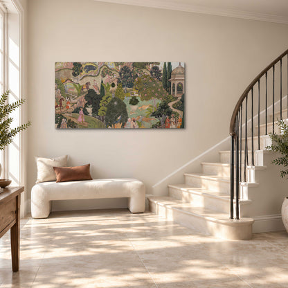 Ornamental garden scene with pavilions, people and animals single canvas wall art styled in an interior