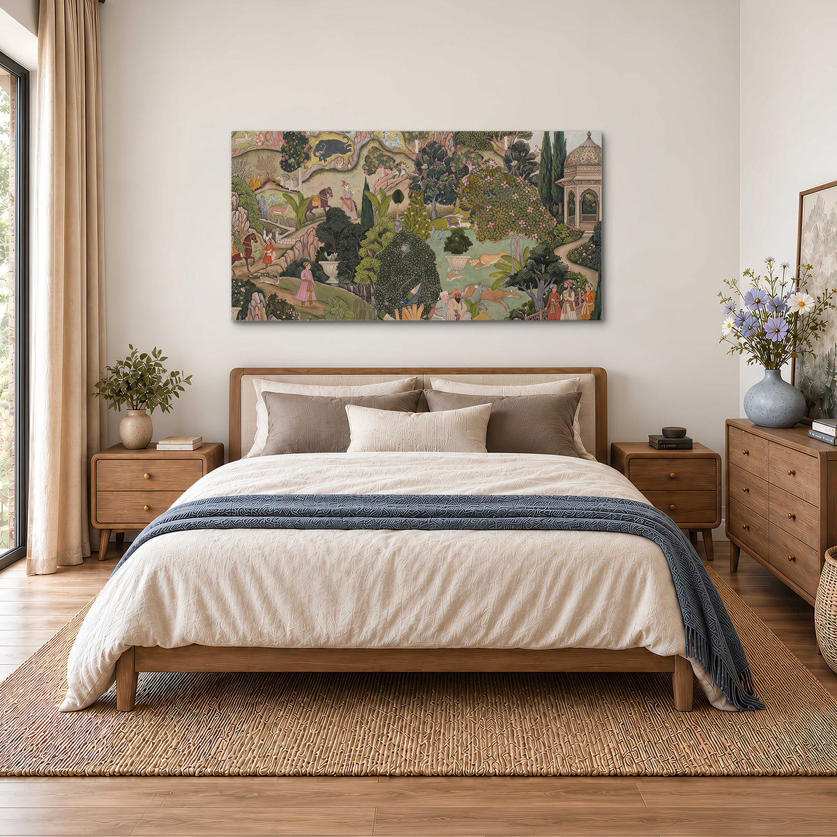 Ornamental garden scene with pavilions, people and animals single canvas wall art styled in an interior