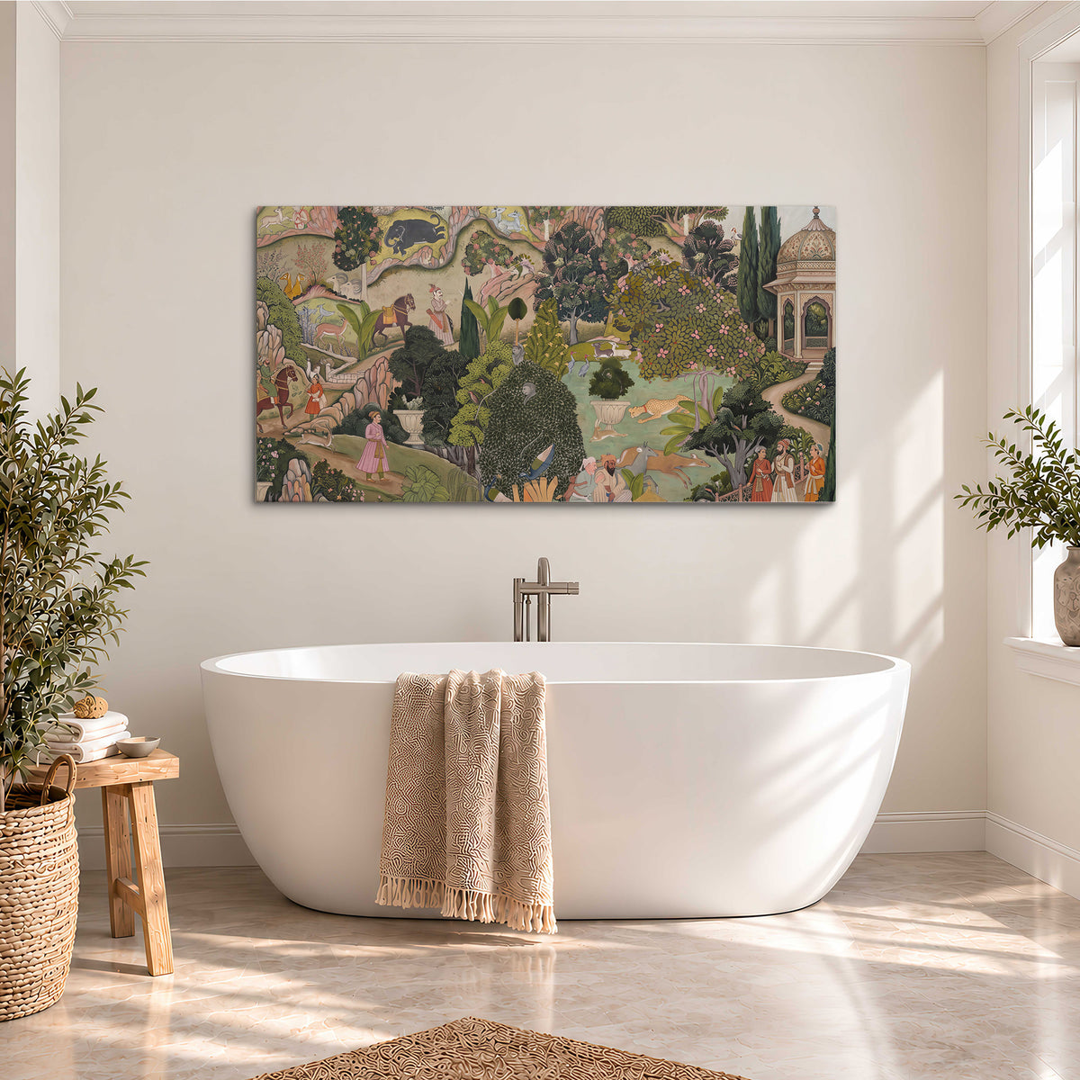 Ornamental garden scene with pavilions, people and animals single canvas wall art styled in an interior