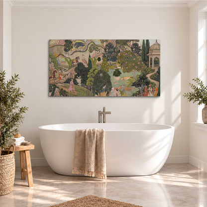 Ornamental garden scene with pavilions, people and animals single canvas wall art styled in an interior