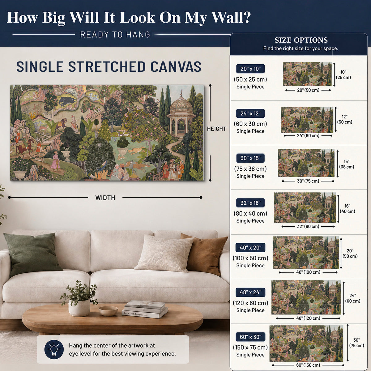 Ornamental garden scene with pavilions, people and animals single canvas wall art size guide above a sofa; room view is illustrative