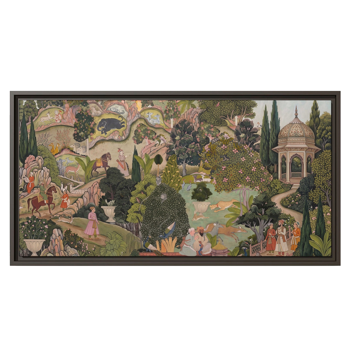 Ornamental garden scene with pavilions, people and animals single framed canvas wall art viewed straight on