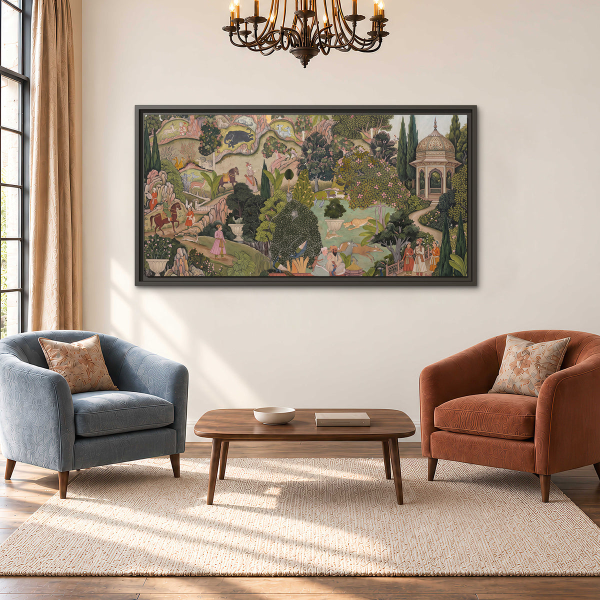 Ornamental garden scene with pavilions, people and animals single framed canvas wall art styled in an interior