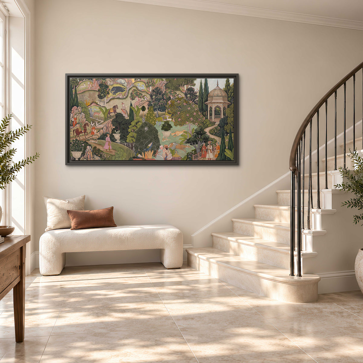 Ornamental garden scene with pavilions, people and animals single framed canvas wall art styled in an interior