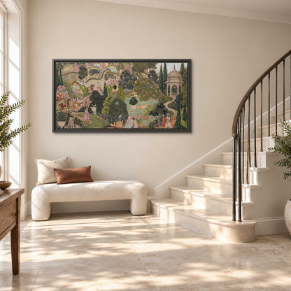 Ornamental garden scene with pavilions, people and animals single framed canvas wall art styled in an interior
