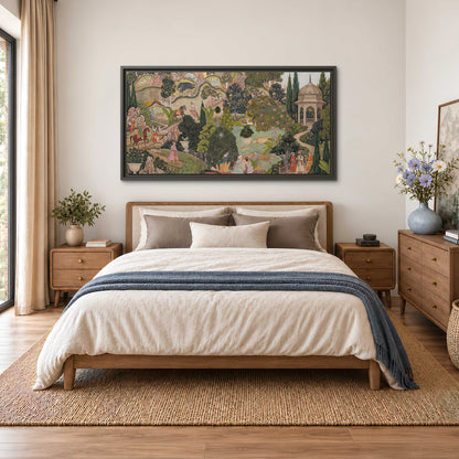 Ornamental garden scene with pavilions, people and animals single framed canvas wall art styled in an interior