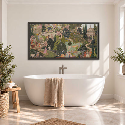 Ornamental garden scene with pavilions, people and animals single framed canvas wall art styled in an interior