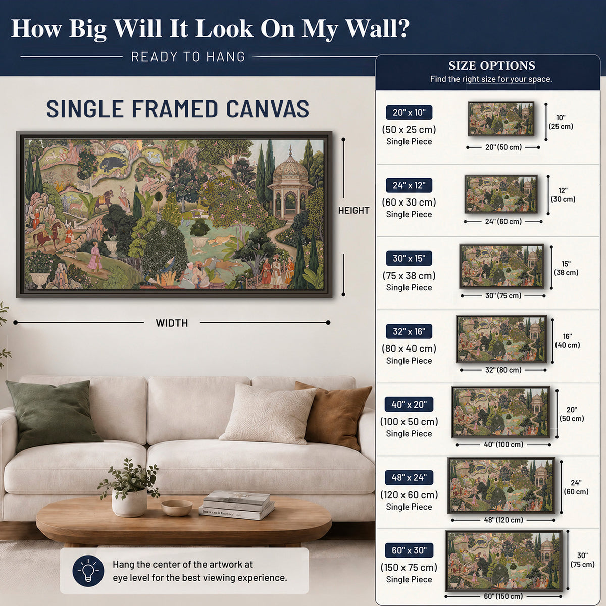Ornamental garden scene with pavilions, people and animals single framed canvas wall art size guide above a sofa; room view is illustrative