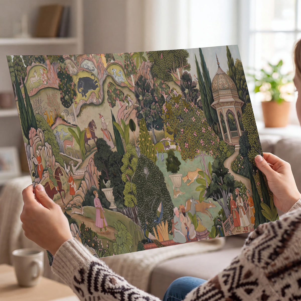 Ornamental garden scene with pavilions, people and animals single poster print held in hands