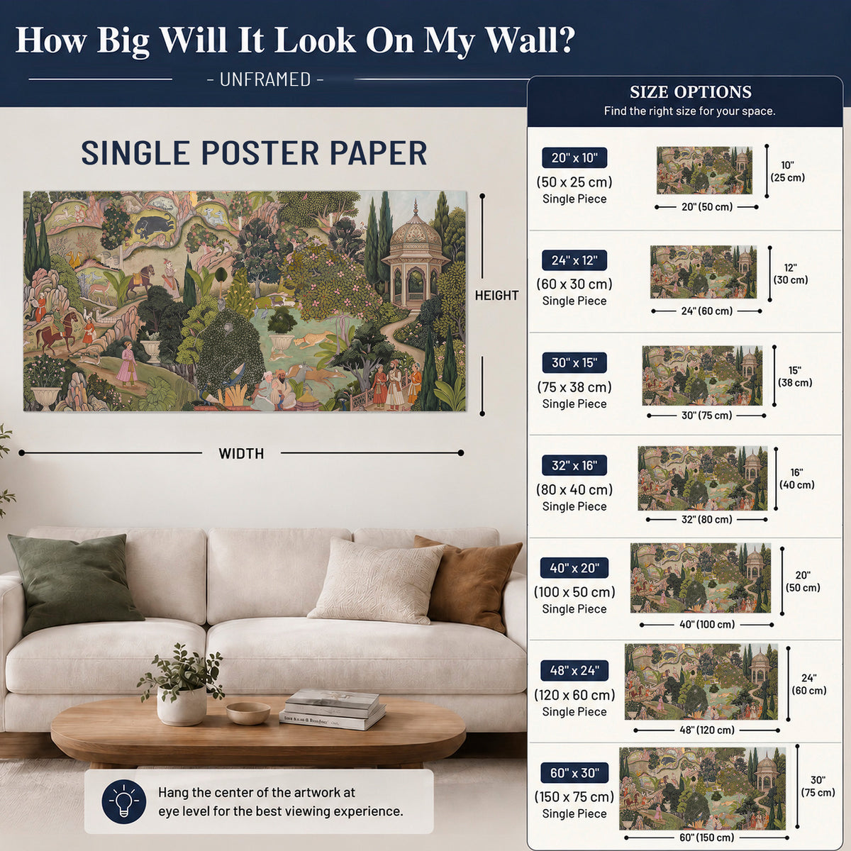 Ornamental garden scene with pavilions, people and animals single poster print size guide above a sofa; room view is illustrative