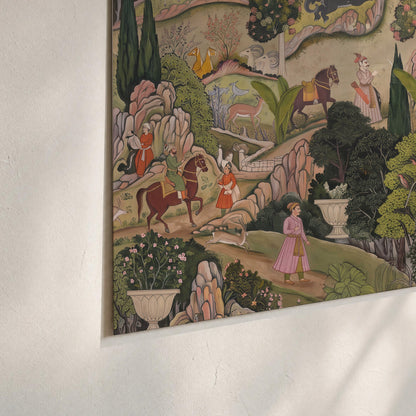 Ornamental garden scene with pavilions, people and animals set of 3 poster prints material and edge close up