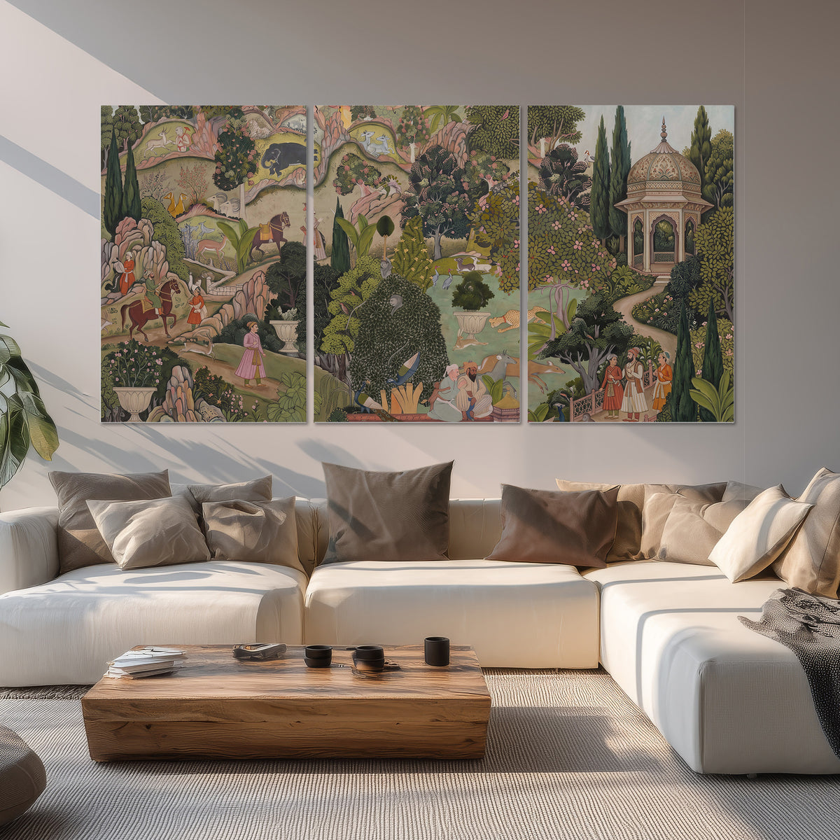 Ornamental garden scene with pavilions, people and animals set of 3 poster prints displayed in a living room