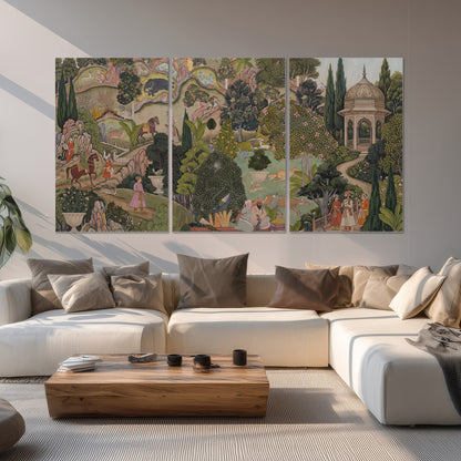Ornamental garden scene with pavilions, people and animals set of 3 poster prints displayed in a living room
