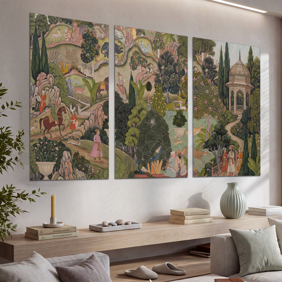 Ornamental garden scene with pavilions, people and animals set of 3 poster prints displayed in a console