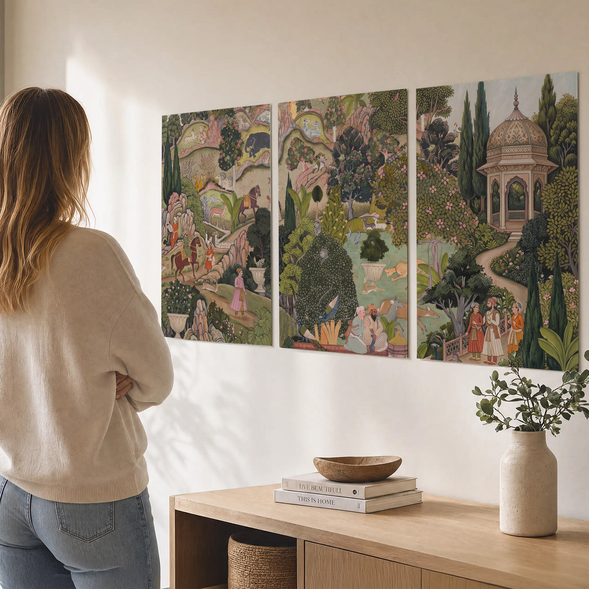 Ornamental garden scene with pavilions, people and animals set of 3 poster prints three panel arrangement on a wall