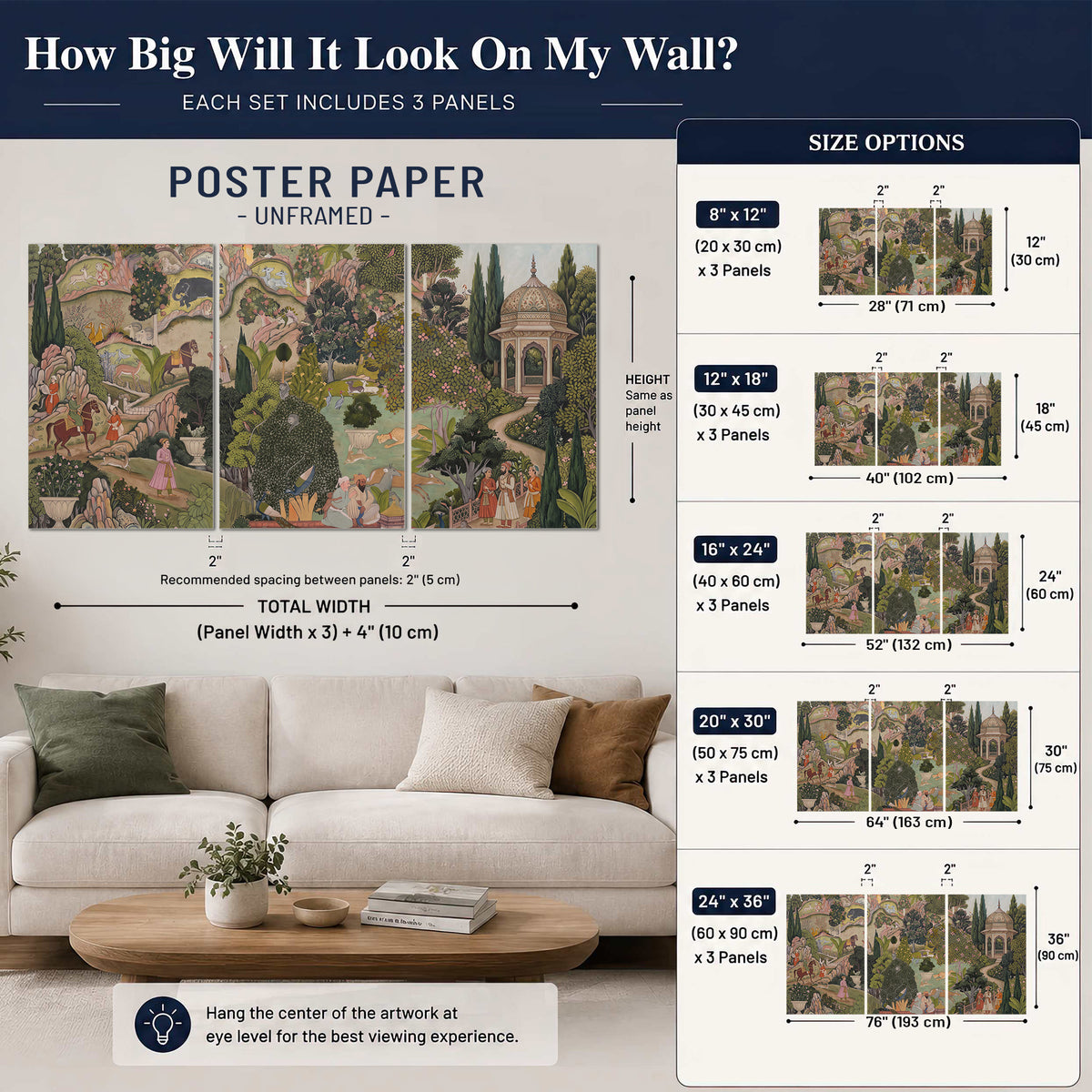 Ornamental garden scene with pavilions, people and animals set of 3 poster prints size guide above a sofa; room view is illustrative
