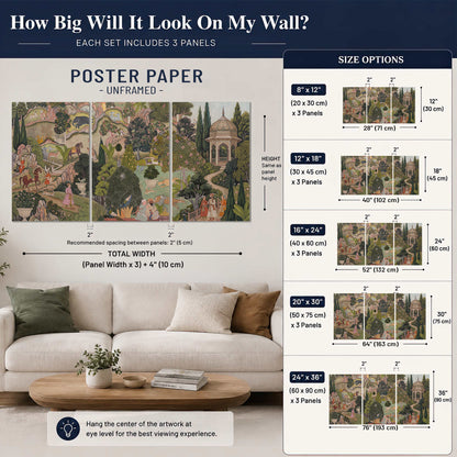 Ornamental garden scene with pavilions, people and animals set of 3 poster prints size guide above a sofa; room view is illustrative