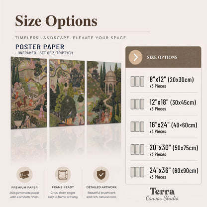 Ornamental garden scene with pavilions, people and animals set of 3 poster prints available dimensions; triptych dimensions are per panel