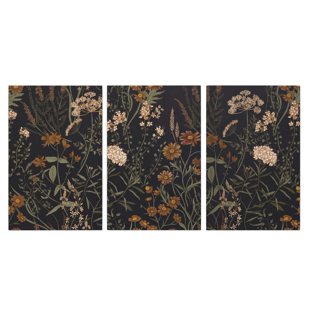 Small cream and rust flowers on a dark botanical background 3 piece canvas wall art viewed straight on