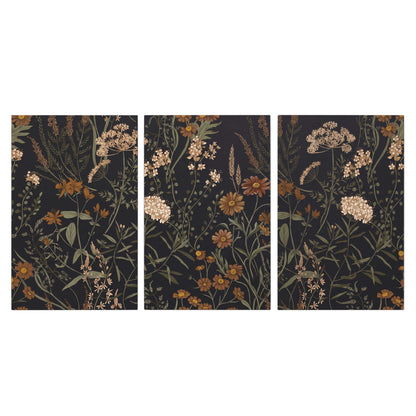 Small cream and rust flowers on a dark botanical background 3 piece canvas wall art viewed straight on