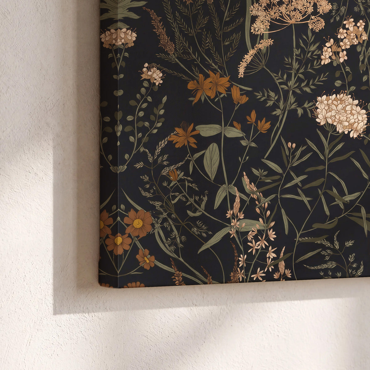 Small cream and rust flowers on a dark botanical background 3 piece canvas wall art material and edge close up