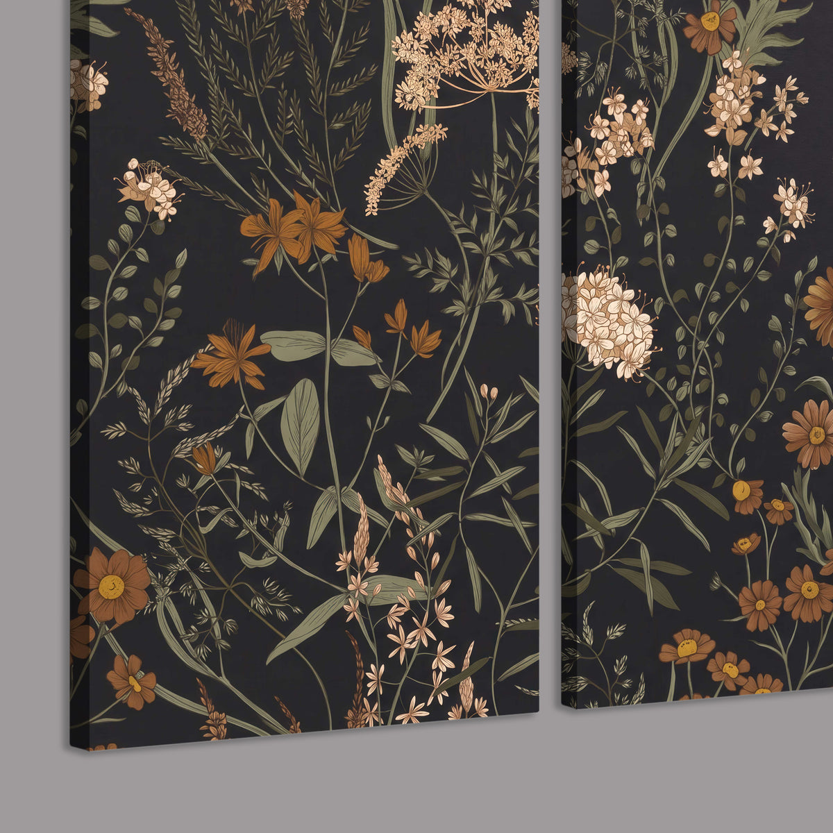 Small cream and rust flowers on a dark botanical background 3 piece canvas wall art room and product view