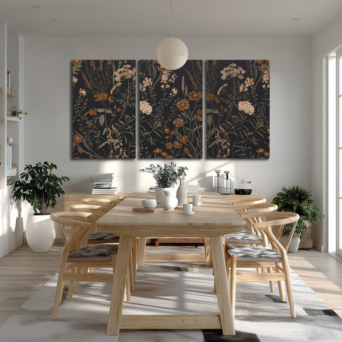 Small cream and rust flowers on a dark botanical background 3 piece canvas wall art room and product view