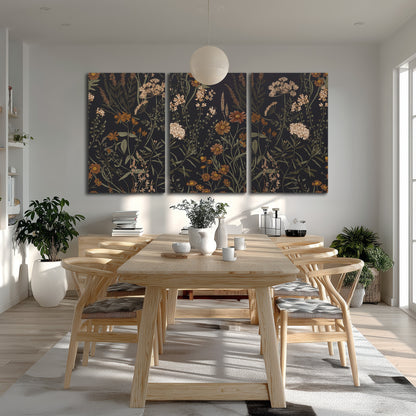 Small cream and rust flowers on a dark botanical background 3 piece canvas wall art room and product view