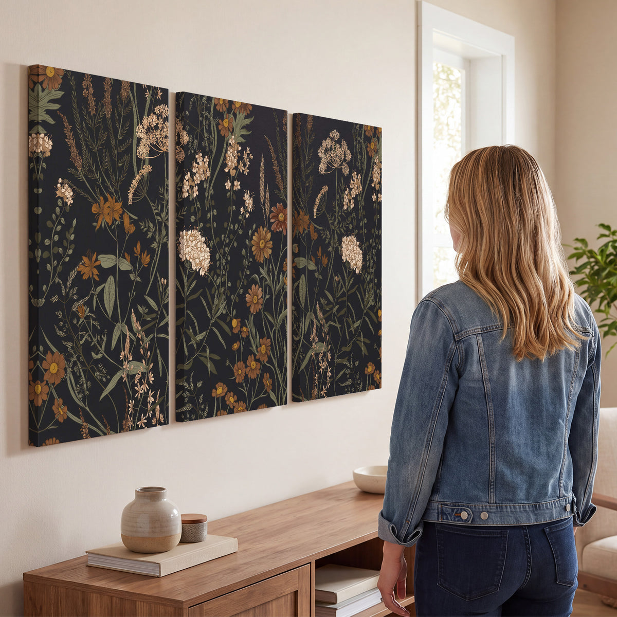 Small cream and rust flowers on a dark botanical background 3 piece canvas wall art three panel arrangement on a wall