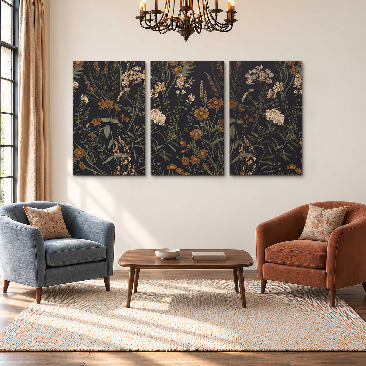 Small cream and rust flowers on a dark botanical background 3 piece canvas wall art styled in an interior