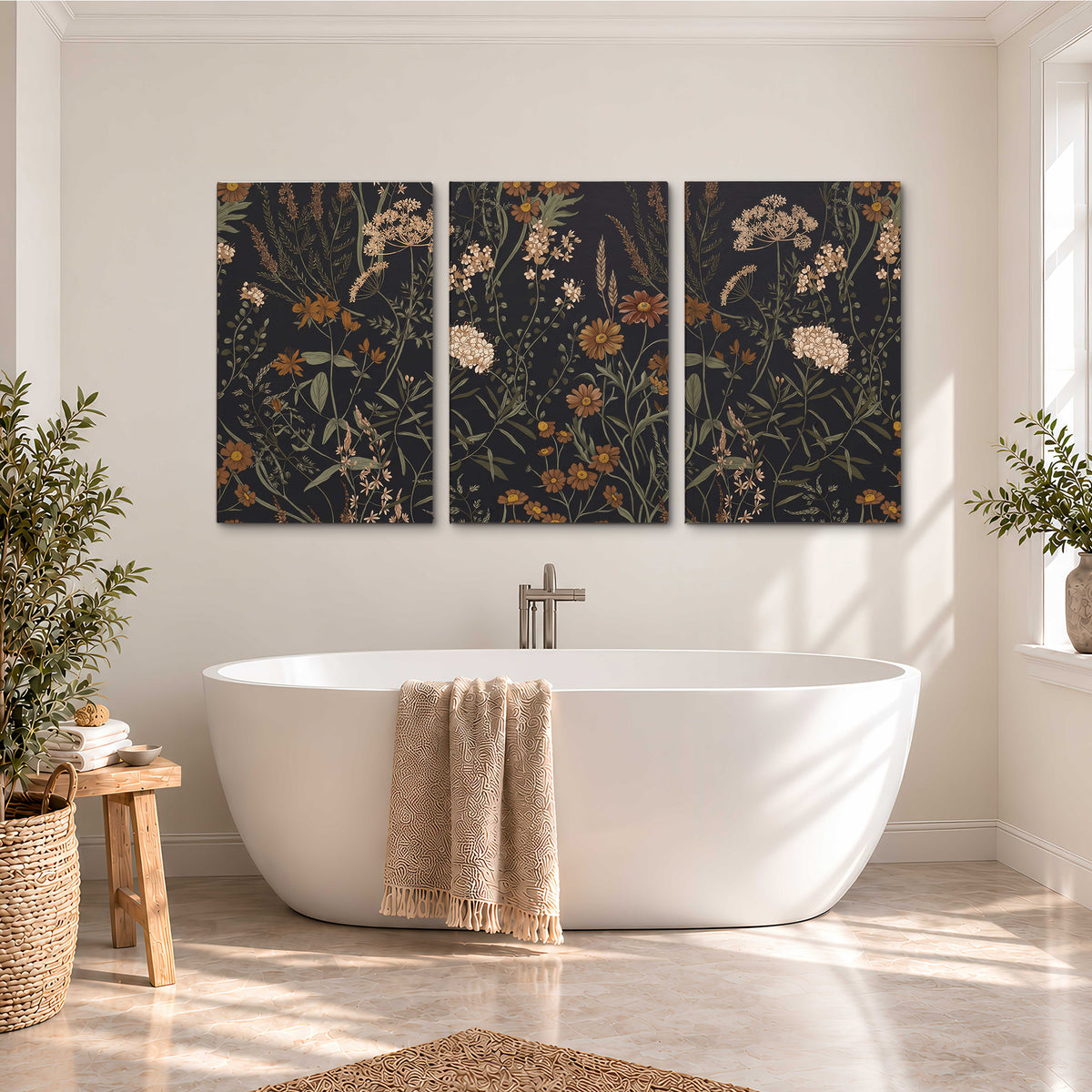 Small cream and rust flowers on a dark botanical background 3 piece canvas wall art styled in an interior