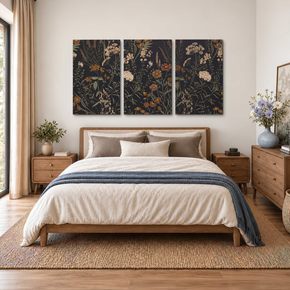 Small cream and rust flowers on a dark botanical background 3 piece canvas wall art styled in an interior
