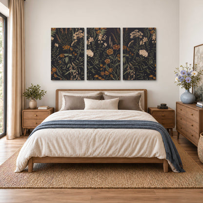 Small cream and rust flowers on a dark botanical background 3 piece canvas wall art styled in an interior