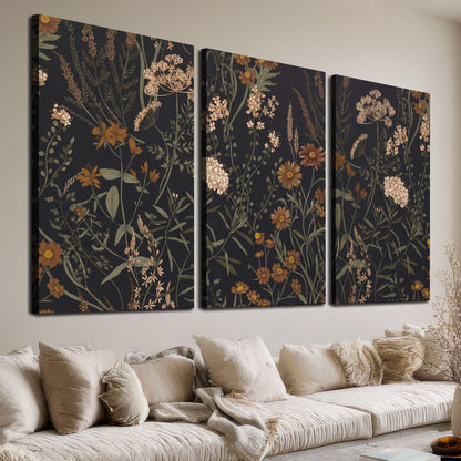 Small cream and rust flowers on a dark botanical background 3 piece canvas wall art room and product view