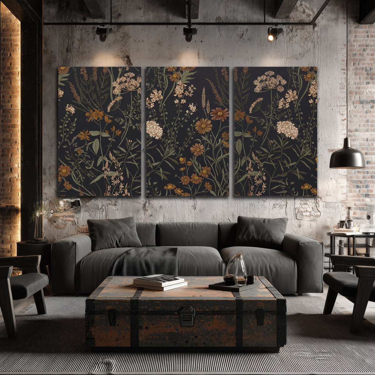 Small cream and rust flowers on a dark botanical background 3 piece canvas wall art displayed in a industrial room