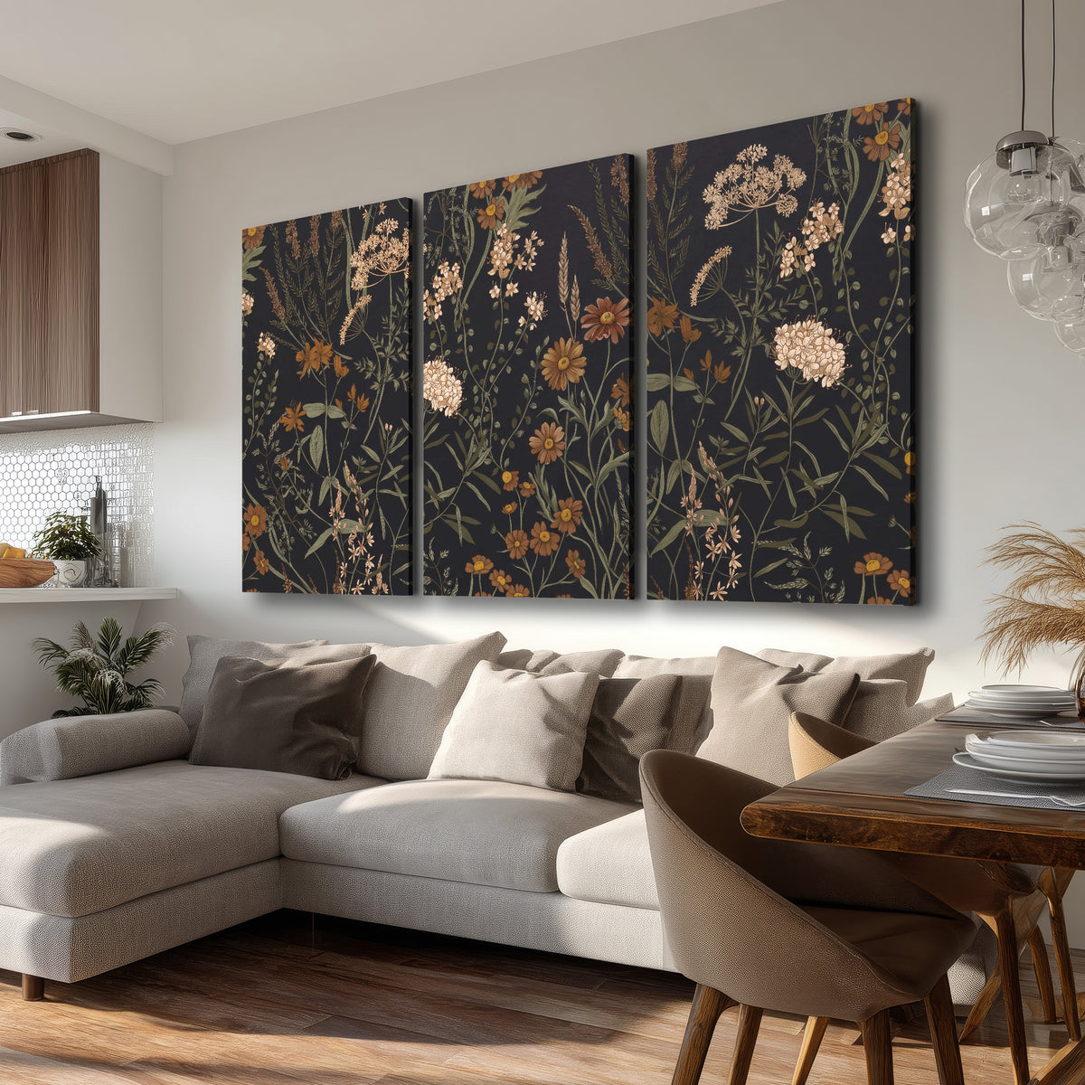 Small cream and rust flowers on a dark botanical background 3 piece canvas wall art room and product view