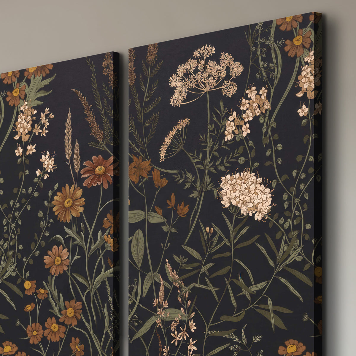 Small cream and rust flowers on a dark botanical background 3 piece canvas wall art room and product view