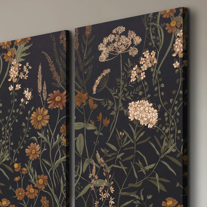Small cream and rust flowers on a dark botanical background 3 piece canvas wall art room and product view