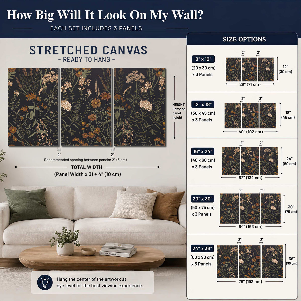 Small cream and rust flowers on a dark botanical background 3 piece canvas wall art size guide above a sofa; room view is illustrative
