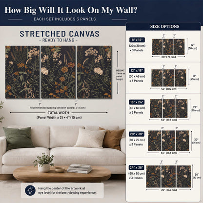 Small cream and rust flowers on a dark botanical background 3 piece canvas wall art size guide above a sofa; room view is illustrative