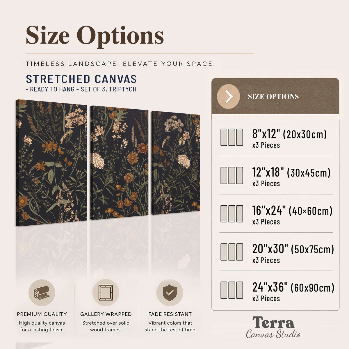 Small cream and rust flowers on a dark botanical background 3 piece canvas wall art available dimensions; triptych dimensions are per panel