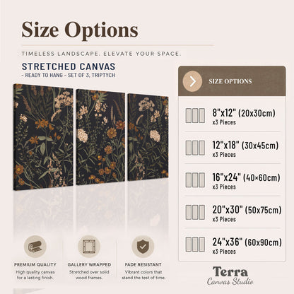 Small cream and rust flowers on a dark botanical background 3 piece canvas wall art available dimensions; triptych dimensions are per panel