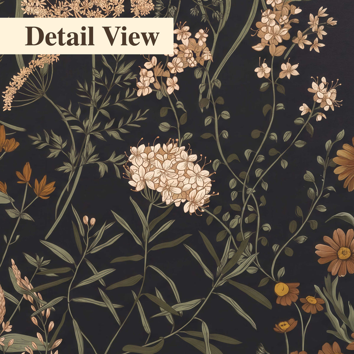 Small cream and rust flowers on a dark botanical background 3 piece canvas wall art artwork detail close up