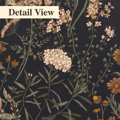 Small cream and rust flowers on a dark botanical background 3 piece canvas wall art artwork detail close up