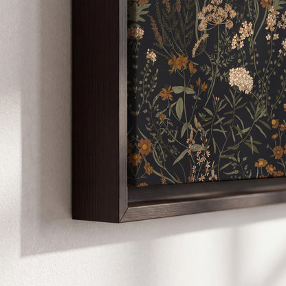 Small cream and rust flowers on a dark botanical background 3 piece framed canvas wall art material and edge close up