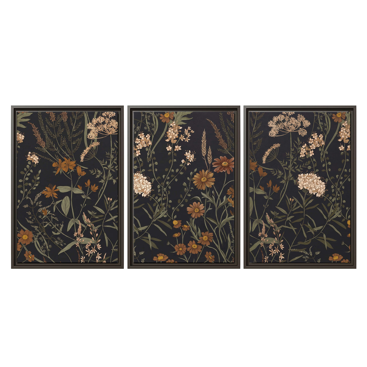 Small cream and rust flowers on a dark botanical background 3 piece framed canvas wall art viewed straight on