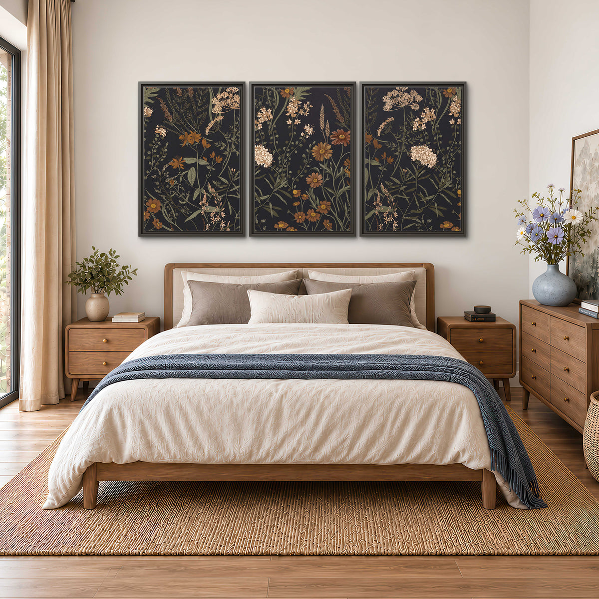 Small cream and rust flowers on a dark botanical background 3 piece framed canvas wall art styled in an interior